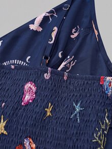Elenzga Women's Plus Size Spaghetti Strap Ruffle Dress, French Vacation Style, V-Neck Wrap Design, Waist Cinched, Asymmetrical Hem, Starfish Print, Navy Blue - Navy Blue - View 7