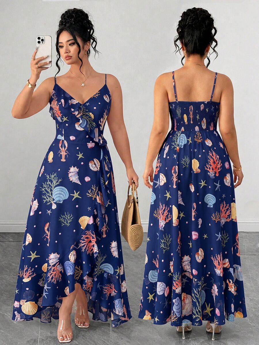 Elenzga Women's Plus Size Spaghetti Strap Ruffle Dress, French Vacation Style, V-Neck Wrap Design, Waist Cinched, Asymmetrical Hem, Starfish Print, Navy Blue - Navy Blue - View 1