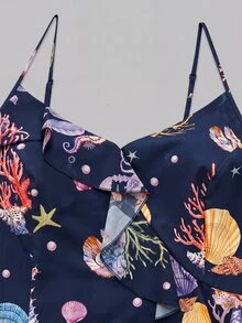Elenzga Women's Plus Size Spaghetti Strap Ruffle Dress, French Vacation Style, V-Neck Wrap Design, Waist Cinched, Asymmetrical Hem, Starfish Print, Navy Blue - Navy Blue - View 5