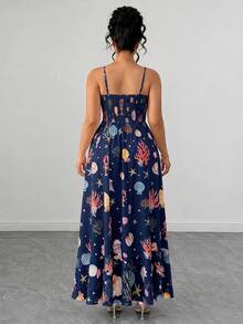 Elenzga Women's Plus Size Spaghetti Strap Ruffle Dress, French Vacation Style, V-Neck Wrap Design, Waist Cinched, Asymmetrical Hem, Starfish Print, Navy Blue - Navy Blue - View 2