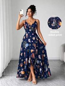 Elenzga Women's Plus Size Spaghetti Strap Ruffle Dress, French Vacation Style, V-Neck Wrap Design, Waist Cinched, Asymmetrical Hem, Starfish Print, Navy Blue - Navy Blue - View 9