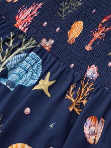 Elenzga Women's Plus Size Spaghetti Strap Ruffle Dress, French Vacation Style, V-Neck Wrap Design, Waist Cinched, Asymmetrical Hem, Starfish Print, Navy Blue - Navy Blue - View 3