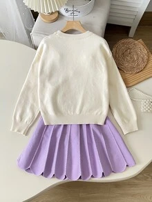 SHEIN Tween女孩紫色時尚休閒可愛舒適柔軟極簡百搭優雅針織毛衣套裝 2件組 長袖毛衣搭配百褶裙 適合日常穿著、外出、派對，秋冬季 - 紫色 - 查看 6
