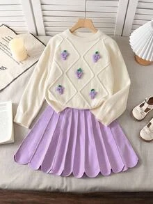 SHEIN Tween女孩紫色時尚休閒可愛舒適柔軟極簡百搭優雅針織毛衣套裝 2件組 長袖毛衣搭配百褶裙 適合日常穿著、外出、派對，秋冬季 - 紫色 - 查看 5