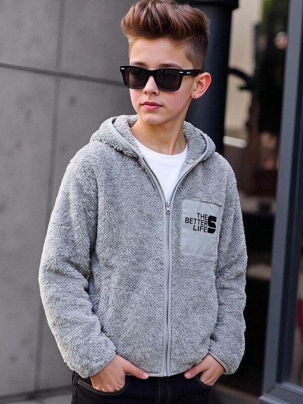 SHEIN Kids Tween Boy Casual Fashion Hooded Fleece Jacket, Suitable For Daily Wear, School, Travel, Sports, Autumn/Winter