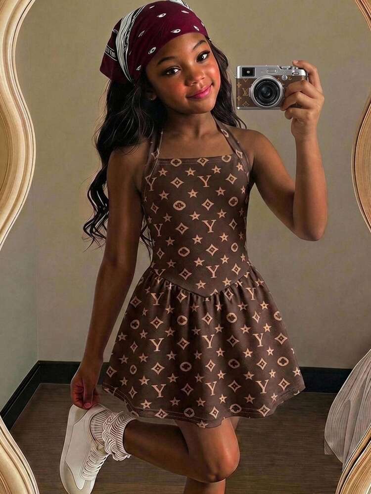Young Girls Casual Fashion Fitted Floral Print Halter Neck A-Line Dress - Multicolor - View 2