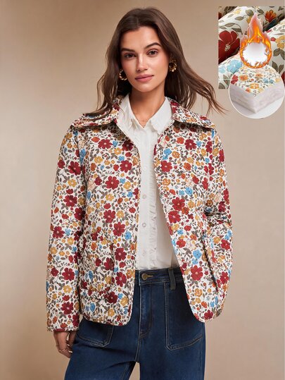 Dayvera Vintage Floral Print Quilted Lightweight Cotton Jacket, Collared Loose Fit Coat With Pockets, Stylish Autumn Outerwear For Travel Daily Casual Street