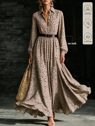 SHEIN Women's Long Sleeve Long Dress Autumn/Winter Casual Elegant Shirt Dress Suitable For Office Commute And Outings Leopard Print Dress