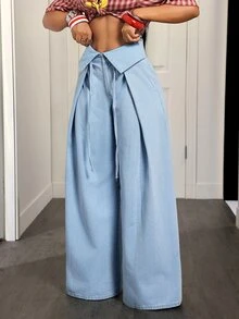 Slaydiva Celana Jeans Denim Wanita Berlipit Kasual Serbaguna untuk Pemakaian Sehari-hari dengan Potongan Lebar - Biru - View 3