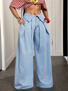 Slaydiva Celana Jeans Denim Wanita Berlipit Kasual Serbaguna untuk Pemakaian Sehari-hari dengan Potongan Lebar - Biru - View 4