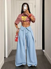 Slaydiva Celana Jeans Denim Wanita Berlipit Kasual Serbaguna untuk Pemakaian Sehari-hari dengan Potongan Lebar - Biru - View 5