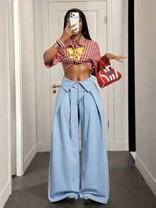 Slaydiva Celana Jeans Denim Wanita Berlipit Kasual Serbaguna untuk Pemakaian Sehari-hari dengan Potongan Lebar - Biru - View 7