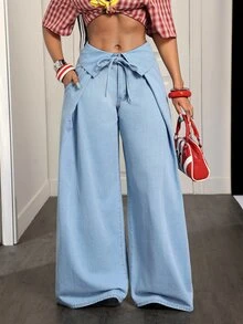 Slaydiva Celana Jeans Denim Wanita Berlipit Kasual Serbaguna untuk Pemakaian Sehari-hari dengan Potongan Lebar - Biru - View 6