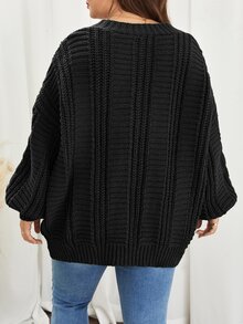 SHEIN Frenchy 大码女式纯色单排扣落肩长袖休闲开衫，秋冬款 - 黑色 - 查看 3