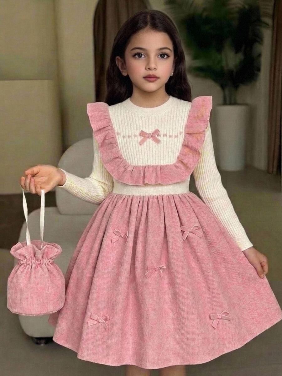 SHEIN Kids Tween Girl Colorblock 3D Bow Decor Knitted Dress, Suitable For Autumn/Winter - Pink - View 1