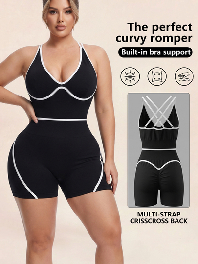 Rhythm Era Women's Plus Size Back Criss-Cross Strap Sports Romper Gym Black And White Summer