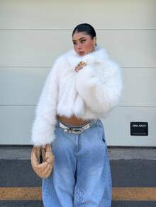 Muchica Plus Size Women's Solid Color Lapel Long Sleeve Faux Fur Coat Winter Going Out Night Out Party Formal White Elegant - White - View 6
