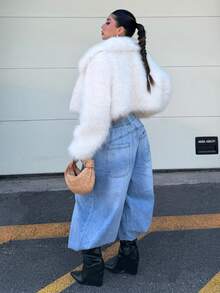 Muchica Plus Size Women's Solid Color Lapel Long Sleeve Faux Fur Coat Winter Going Out Night Out Party Formal White Elegant - White - View 2