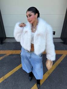 Muchica Plus Size Women's Solid Color Lapel Long Sleeve Faux Fur Coat Winter Going Out Night Out Party Formal White Elegant - White - View 8