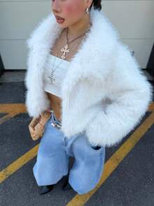 Muchica Plus Size Women's Solid Color Lapel Long Sleeve Faux Fur Coat Winter Going Out Night Out Party Formal White Elegant - White - View 5
