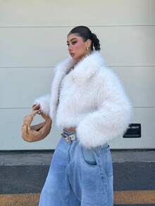 Muchica Plus Size Women's Solid Color Lapel Long Sleeve Faux Fur Coat Winter Going Out Night Out Party Formal White Elegant - White - View 4