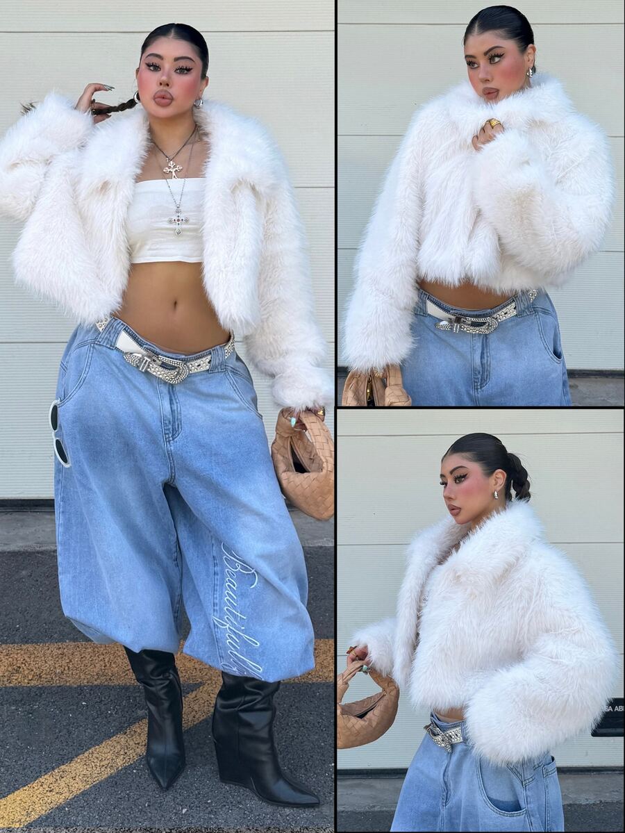 Muchica Plus Size Women's Solid Color Lapel Long Sleeve Faux Fur Coat Winter Going Out Night Out Party Formal White Elegant - White - View 1