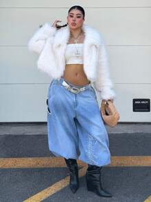 Muchica Plus Size Women's Solid Color Lapel Long Sleeve Faux Fur Coat Winter Going Out Night Out Party Formal White Elegant - White - View 7