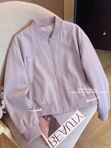 EMERY ROSE Plus Size Women's Solid Color Long Sleeve Zipper Casual Baseball Jacket, Suitable For Autumn Wear Fall - Purple - View 1