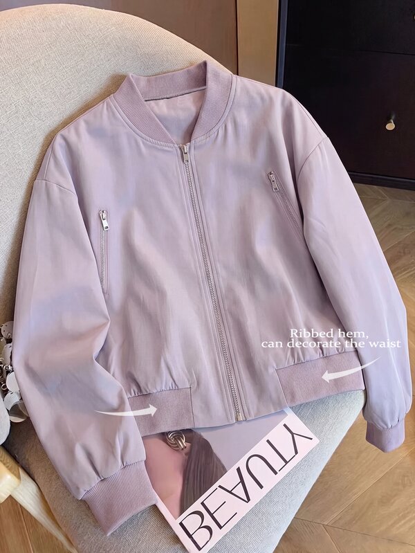EMERY ROSE Plus Size Women's Solid Color Long Sleeve Zipper Casual Baseball Jacket, Suitable For Autumn Wear Fall