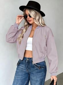 EMERY ROSE Plus Size Women's Solid Color Long Sleeve Zipper Casual Baseball Jacket, Suitable For Autumn Wear Fall - Purple - View 4