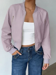 EMERY ROSE Plus Size Women's Solid Color Long Sleeve Zipper Casual Baseball Jacket, Suitable For Autumn Wear Fall - Purple - View 7