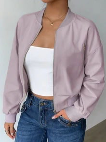 EMERY ROSE Plus Size Women's Solid Color Long Sleeve Zipper Casual Baseball Jacket, Suitable For Autumn Wear Fall - Purple - View 6
