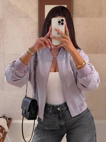 EMERY ROSE Plus Size Women's Solid Color Long Sleeve Zipper Casual Baseball Jacket, Suitable For Autumn Wear Fall - Purple - View 3