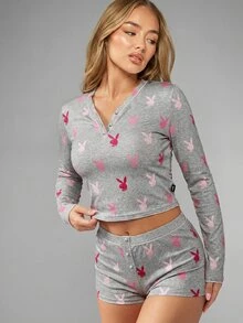 Missguided x Playboy Set Piyama Wanita dengan Motif Logo Kelinci, Atasan Lengan Panjang dan Celana Pendek yang Serasi, Pakaian Tidur Santai - Grey - View 6