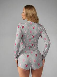 Missguided x Playboy Set Piyama Wanita dengan Motif Logo Kelinci, Atasan Lengan Panjang dan Celana Pendek yang Serasi, Pakaian Tidur Santai - Grey - View 2