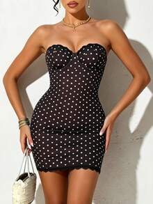 SHEIN Glamour Sexy Elegant Contrast Color Polka Dot Print Patchwork Ruffle Trim Underwire Bandeau Mini Dress For Women Night Out Vacation Black And White Summer - Coffee Brown - View 4