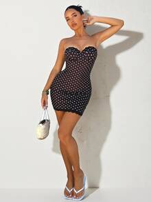 SHEIN Glamour Sexy Elegant Contrast Color Polka Dot Print Patchwork Ruffle Trim Underwire Bandeau Mini Dress For Women Night Out Vacation Black And White Summer - Coffee Brown - View 1