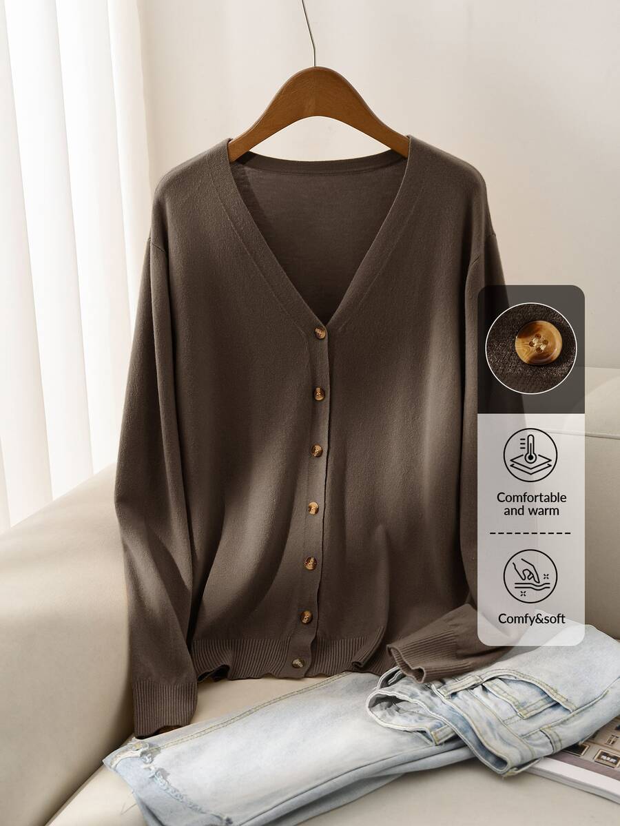 CosyJoli Women Plus Size Yellow Basic Cardigan, Solid Color Minimalist Casual Wear For Daily, For Spring Winter - Coffee Brown - View 1