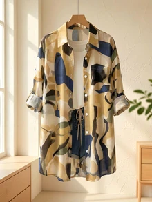 EMERY ROSE Plus Size Vacation Minimalist Printed Single-Breasted Jacket, Versatile For Daily Wear Fall - Multicolor - View 4