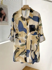 EMERY ROSE Plus Size Vacation Minimalist Printed Single-Breasted Jacket, Versatile For Daily Wear Fall - Multicolor - View 5