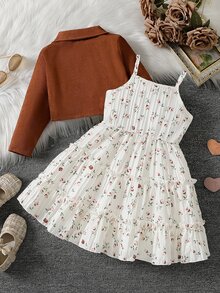 SHEIN Elladie kids 两件套女童时尚套装，包括一件翻领长袖外套和一条松紧腰A字印花吊带裙，适合休闲、度假穿着，春秋季少女穿搭。两件套女童套装，灯芯绒外套，女童灯芯绒外套，冬季款。 - 棕色 - 查看 3