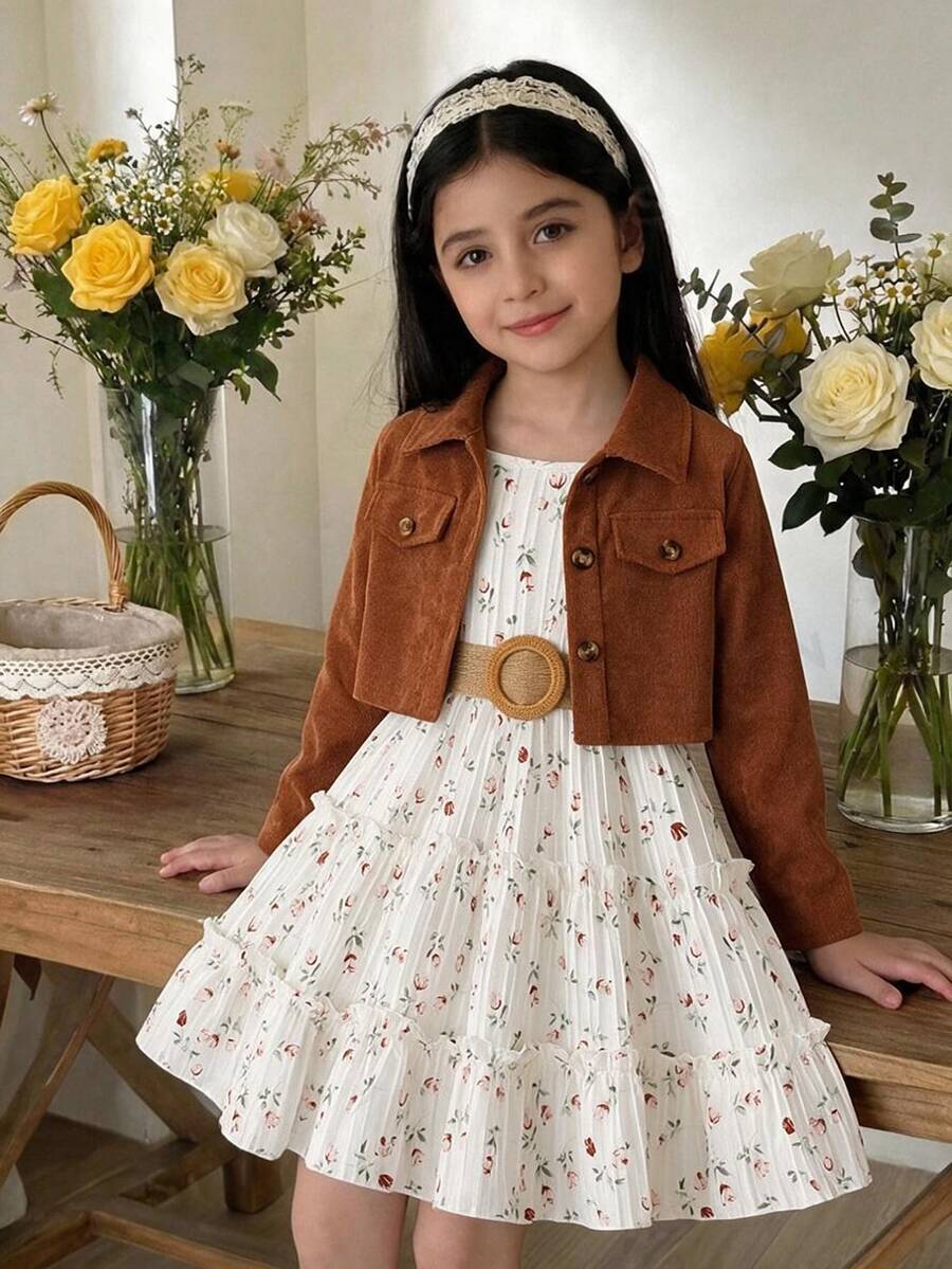 SHEIN Elladie kids 两件套女童时尚套装，包括一件翻领长袖外套和一条松紧腰A字印花吊带裙，适合休闲、度假穿着，春秋季少女穿搭。两件套女童套装，灯芯绒外套，女童灯芯绒外套，冬季款。
