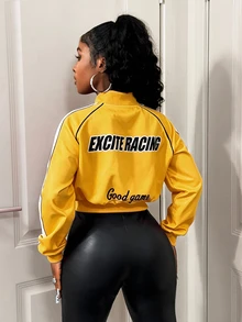 BamGleam Women's Letter Pattern Long Sleeve Zip-Up Baseball Jacket - Yellow - View 3
