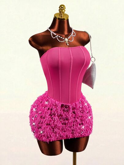 Mistrie Women's Solid Color Stretch Tube Top Mini Dress With Sequin And Faux Frayed Trim, Fitted And Fashionable. Women's Party Dress, Christmas Party New Tig