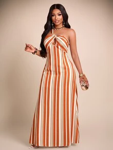 Brilight Women Y2K Striped Halter Dress, Twist Front Cutout Slim Fit, Party Nightclub Holiday Evening Wedding Guest Outfit - Orange - View 8