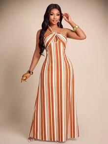 Brilight Women Y2K Striped Halter Dress, Twist Front Cutout Slim Fit, Party Nightclub Holiday Evening Wedding Guest Outfit - Orange - View 5