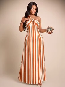 Brilight Women Y2K Striped Halter Dress, Twist Front Cutout Slim Fit, Party Nightclub Holiday Evening Wedding Guest Outfit - Orange - View 6