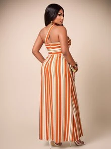 Brilight Women Y2K Striped Halter Dress, Twist Front Cutout Slim Fit, Party Nightclub Holiday Evening Wedding Guest Outfit - Orange - View 3