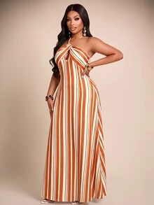 Brilight Women Y2K Striped Halter Dress, Twist Front Cutout Slim Fit, Party Nightclub Holiday Evening Wedding Guest Outfit - Orange - View 7