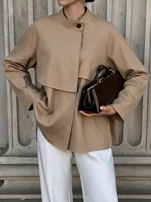 Flora Isola Flora Isola Autumn/Winter Women's Khaki Woven Trench Coat, Stand Collar, Button-Front, Loose Fit, Dropped Shoulder Design, Mid-Length Versatile Jacket For Daily Commute And Travel - Khaki - View 1